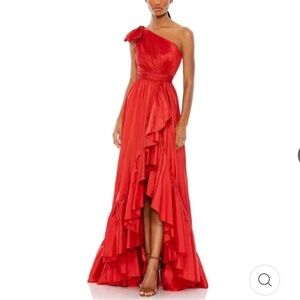 Mac Duggal Ruffle Red One Shoulder Ruffle Satin Maxi Bow Dress 68027 | Size 12